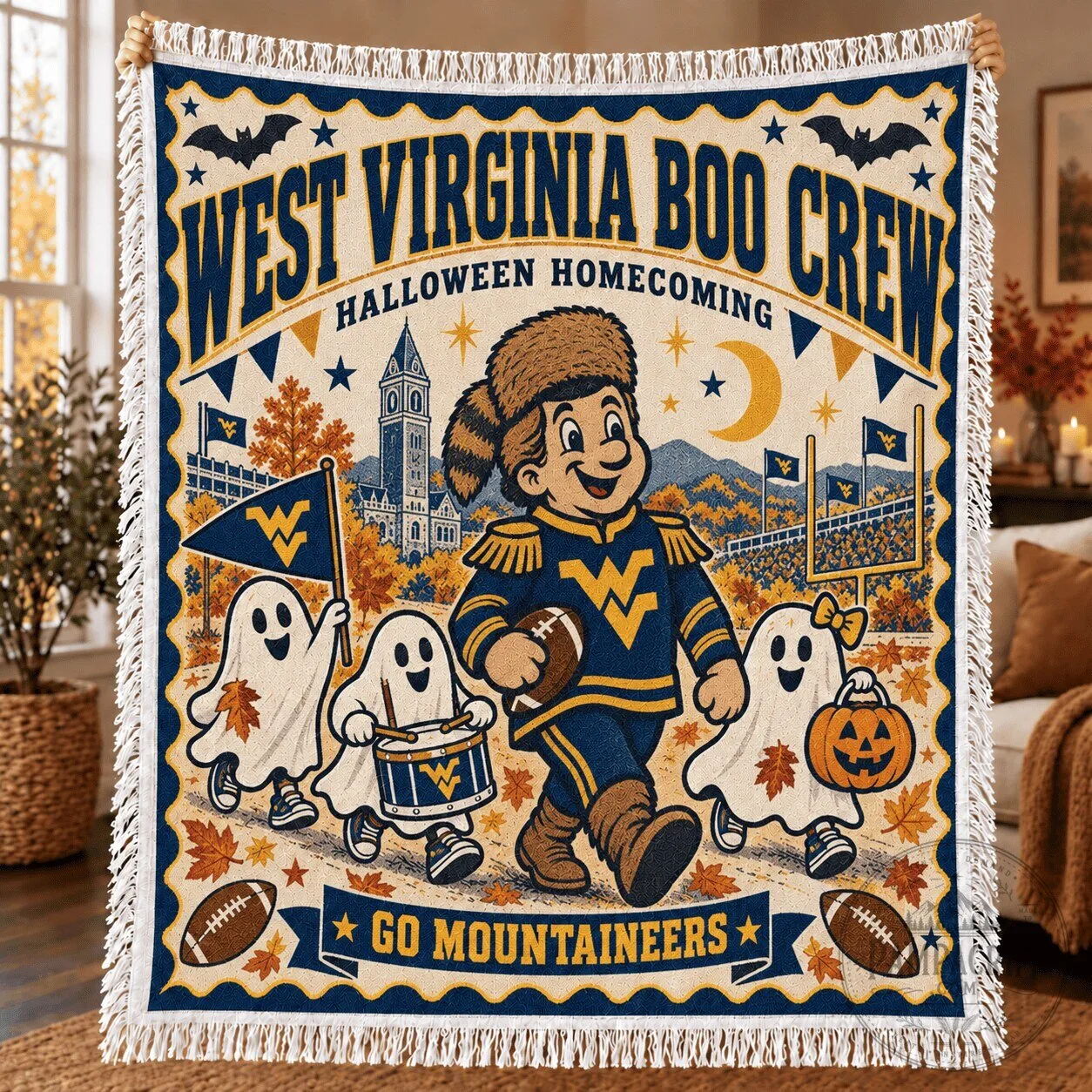 West Virginia Mountaineers Halloween Homecoming Boo Crew Blanket 1 West Virginia Mountaineers Halloween Homecoming Boo Crew Blanket